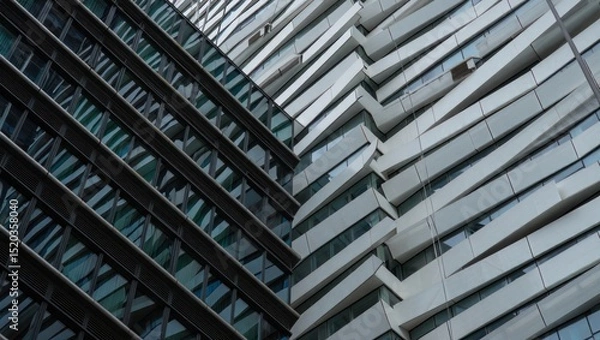 Fototapeta Modern architectural facade featuring sharp contrasting geometric patterns with dark glass windows and light angular panels creating a dynamic urban aesthetic