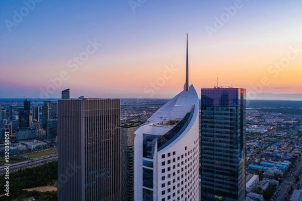 Fototapeta Modern cityscape at sunset featuring three prominent skyscrapers with one uniquely shaped building having a tall spire, urban landscape, and distant horizon under a clear sky