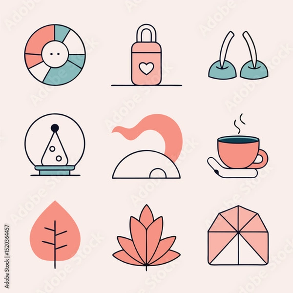 Fototapeta Vector icons in minimalist style depicting travel food and nature elements