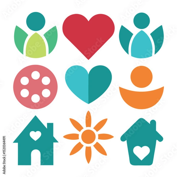 Fototapeta Vector icons representing community, love, home, and nature elements with flat minimalist designs