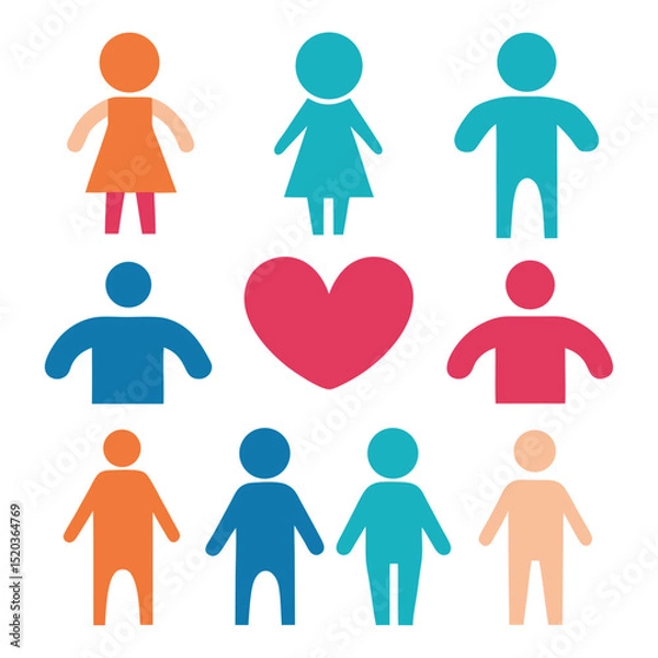 Fototapeta Vector illustration of diverse people silhouettes with a heart shape for unity and love