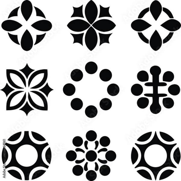 Fototapeta Vector shapes set of nine unique black silhouette designs with transparency
