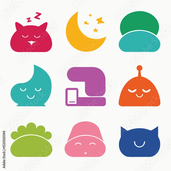 Fototapeta Whimsical collection of sleepy icons with moon stars clouds and funny characters