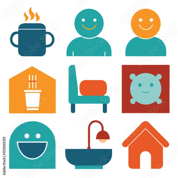 Fototapeta Whimsical flat design icon set featuring home comforts and happy characters