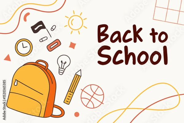 Fototapeta Back to school concept illustration with a modern flat design. A large yellow backpack on the left surrounded by school-related doodles. Bright, cheerful, and academic theme