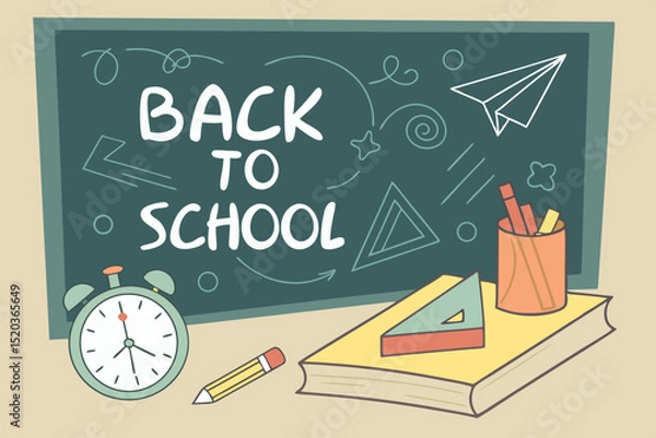 Fototapeta Back to school classroom scene with a chalkboard background filled with mathematical formulas, geometry diagrams, and white chalk scribbles. On a wooden desk in the foreground are school supplies