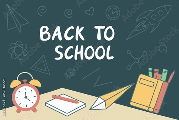 Fototapeta Back to school classroom scene with a chalkboard background filled with mathematical formulas, geometry diagrams, and white chalk scribbles. On a wooden desk in the foreground are school supplies