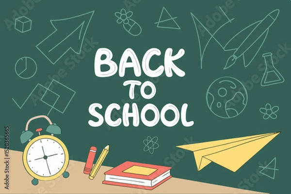 Fototapeta Back to school classroom scene with a chalkboard background filled with mathematical formulas, geometry diagrams, and white chalk scribbles. On a wooden desk in the foreground are school supplies