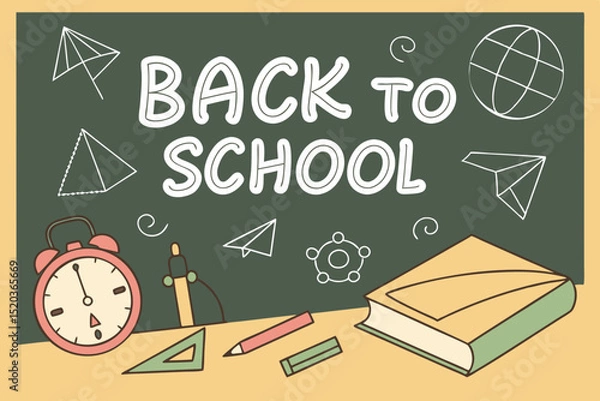 Fototapeta Back to school classroom scene with a chalkboard background filled with mathematical formulas, geometry diagrams, and white chalk scribbles. On a wooden desk in the foreground are school supplies