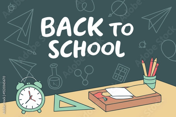 Fototapeta Back to school classroom scene with a chalkboard background filled with mathematical formulas, geometry diagrams, and white chalk scribbles. On a wooden desk in the foreground are school supplies