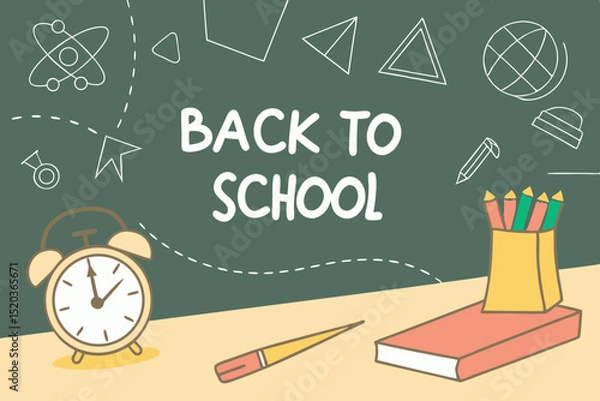Fototapeta Back to school classroom scene with a chalkboard background filled with mathematical formulas, geometry diagrams, and white chalk scribbles. On a wooden desk in the foreground are school supplies
