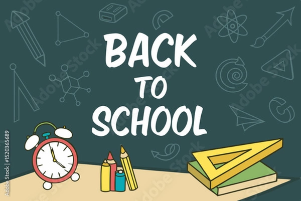 Fototapeta Back to school classroom scene with a chalkboard background filled with mathematical formulas, geometry diagrams, and white chalk scribbles. On a wooden desk in the foreground are school supplies