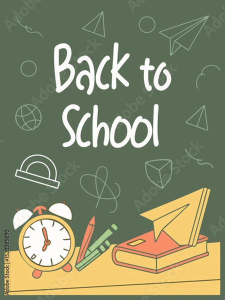 Fototapeta Back to school classroom scene with a chalkboard background filled with mathematical formulas, geometry diagrams, and white chalk scribbles. On a wooden desk in the foreground are school supplies