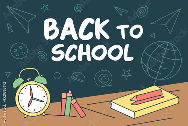 Fototapeta Back to school classroom scene with a chalkboard background filled with mathematical formulas, geometry diagrams, and white chalk scribbles. On a wooden desk in the foreground are school supplies