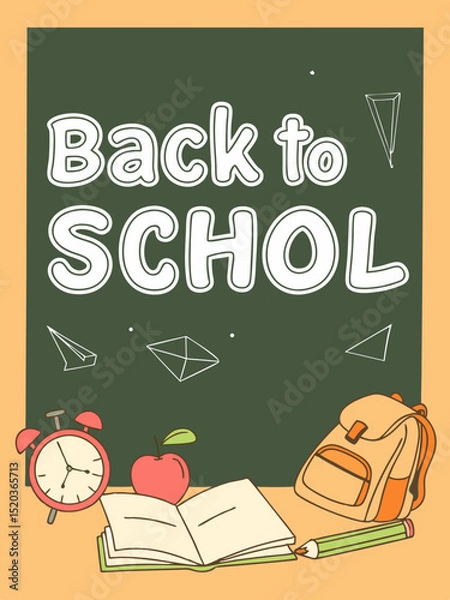 Fototapeta Back to school classroom scene with a chalkboard background filled with mathematical formulas, geometry diagrams, and white chalk scribbles. On a wooden desk in the foreground are school supplies