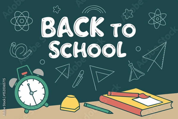 Fototapeta Back to school classroom scene with a chalkboard background filled with mathematical formulas, geometry diagrams, and white chalk scribbles. On a wooden desk in the foreground are school supplies