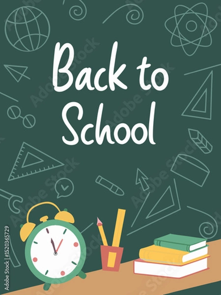 Fototapeta Back to school classroom scene with a chalkboard background filled with mathematical formulas, geometry diagrams, and white chalk scribbles. On a wooden desk in the foreground are school supplies