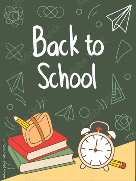 Fototapeta Back to school classroom scene with a chalkboard background filled with mathematical formulas, geometry diagrams, and white chalk scribbles. On a wooden desk in the foreground are school supplies