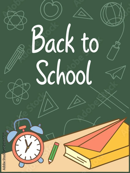 Fototapeta Back to school classroom scene with a chalkboard background filled with mathematical formulas, geometry diagrams, and white chalk scribbles. On a wooden desk in the foreground are school supplies