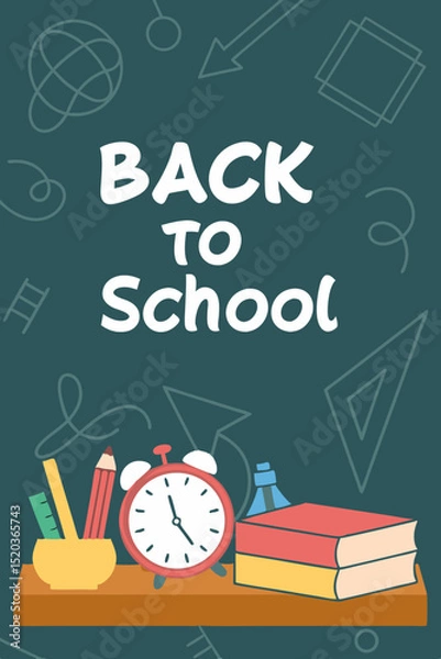 Fototapeta Back to school classroom scene with a chalkboard background filled with mathematical formulas, geometry diagrams, and white chalk scribbles. On a wooden desk in the foreground are school supplies