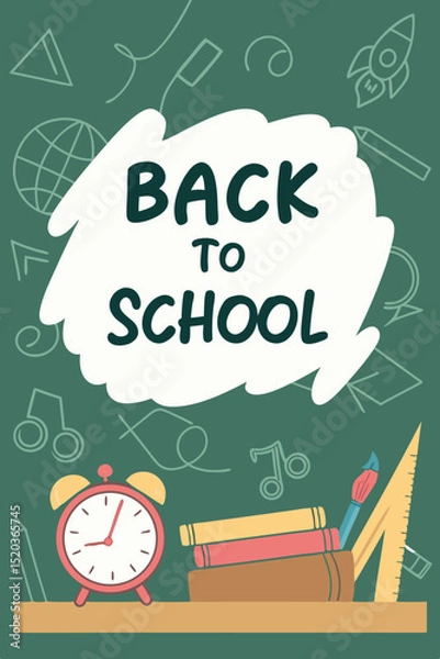 Fototapeta Back to school classroom scene with a chalkboard background filled with mathematical formulas, geometry diagrams, and white chalk scribbles. On a wooden desk in the foreground are school supplies