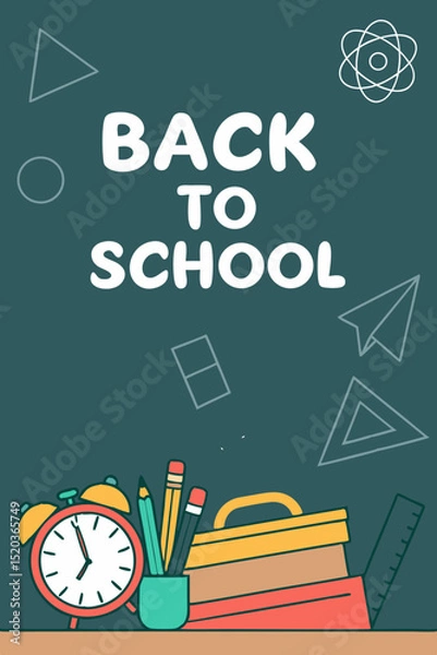 Fototapeta Back to school classroom scene with a chalkboard background filled with mathematical formulas, geometry diagrams, and white chalk scribbles. On a wooden desk in the foreground are school supplies