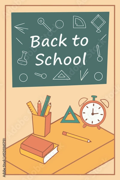 Fototapeta Back to school classroom scene with a chalkboard background filled with mathematical formulas, geometry diagrams, and white chalk scribbles. On a wooden desk in the foreground are school supplies