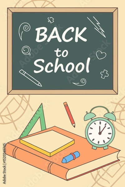 Fototapeta Back to school classroom scene with a chalkboard background filled with mathematical formulas, geometry diagrams, and white chalk scribbles. On a wooden desk in the foreground are school supplies