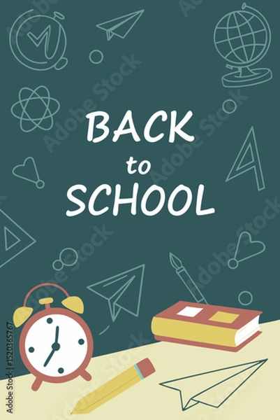 Fototapeta Back to school classroom scene with a chalkboard background filled with mathematical formulas, geometry diagrams, and white chalk scribbles. On a wooden desk in the foreground are school supplies
