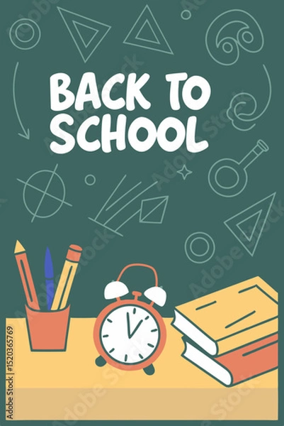 Fototapeta Back to school classroom scene with a chalkboard background filled with mathematical formulas, geometry diagrams, and white chalk scribbles. On a wooden desk in the foreground are school supplies