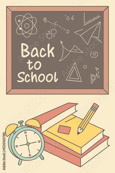Fototapeta Back to school classroom scene with a chalkboard background filled with mathematical formulas, geometry diagrams, and white chalk scribbles. On a wooden desk in the foreground are school supplies