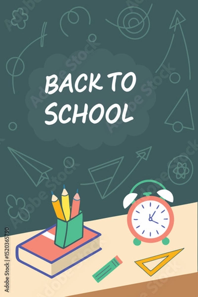Fototapeta Back to school classroom scene with a chalkboard background filled with mathematical formulas, geometry diagrams, and white chalk scribbles. On a wooden desk in the foreground are school supplies