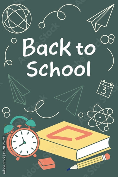 Fototapeta Back to school classroom scene with a chalkboard background filled with mathematical formulas, geometry diagrams, and white chalk scribbles. On a wooden desk in the foreground are school supplies