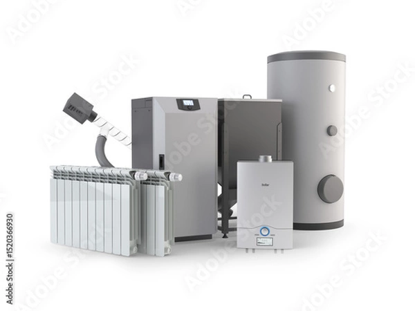 Fototapeta Modern Heating System Set – Pellet Stove, Boiler, Radiators, Water Heater, and Storage Tank Isolated on Transparent Background. 3D Illustration