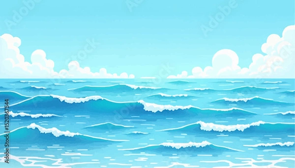 Fototapeta Cartoon sea with waves and clouds