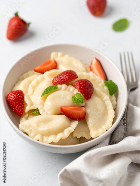 Obraz Popular in Poland, pierogi filled with sweet cottage cheese and served with juicy strawberries. Sweet comforting brunch or children's snack.