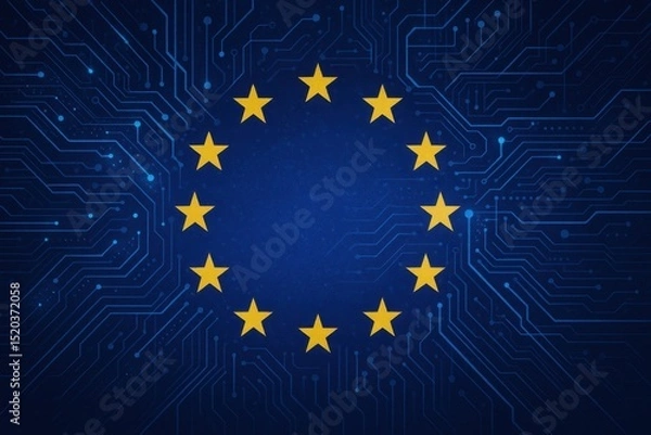 Fototapeta Conceptual image of the European Union flag with a superimposed, glowing network of interconnected data points and the text "AI ACT," symbolizing EU regulations on artificial intelligence.