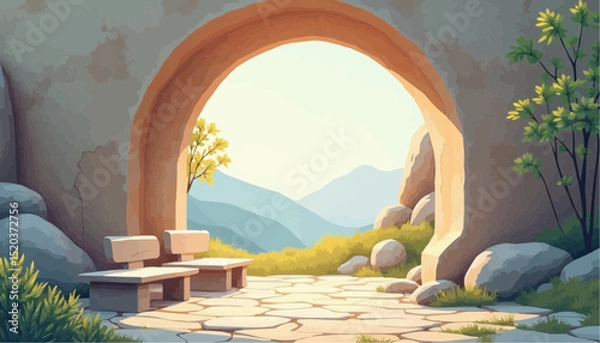 Fototapeta Stone archway view of mountain landscape
