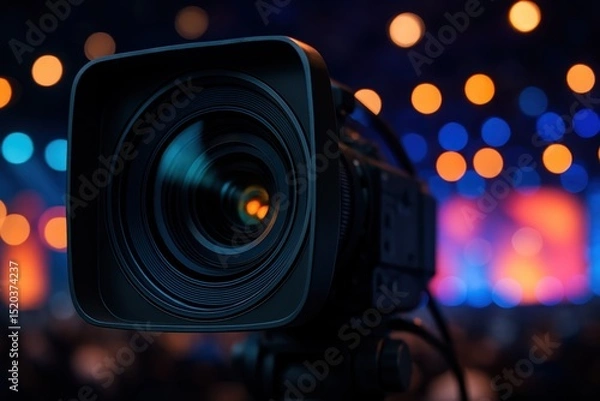 Obraz Professional live streaming setup with multiple cameras, studio lighting, and microphones focused on an empty stage, ready for a high-quality online broadcast or virtual event.