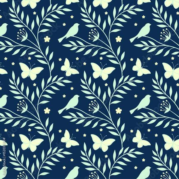 Fototapeta Elegant Pastel Nature Pattern with Butterflies, Bird, and Floral Accents