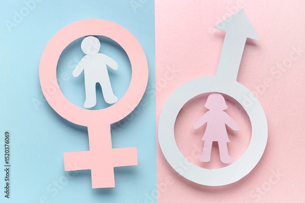 Obraz Paper symbols of male and female with couple figures on color background