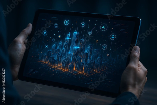 Fototapeta Futuristic Smart City Display on a Digital Tablet Showing Interconnected Buildings and Data for Urban Planning and Technology Innovation