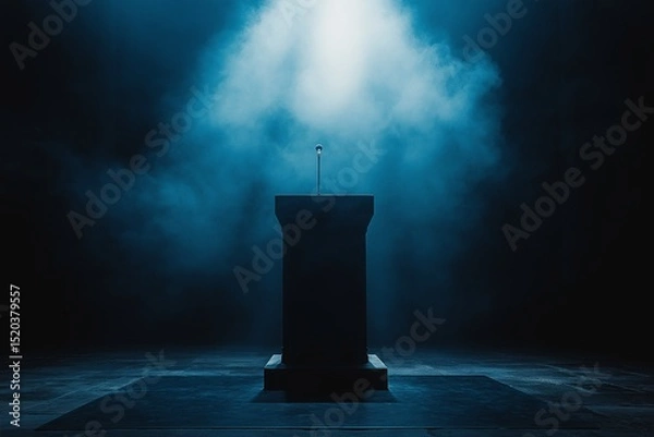 Obraz Dramatic Lighting for Public Speaking. Podium in Spotlight on Stage with Smoke and Dark Background