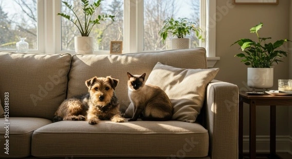 Fototapeta Dog and Cat Resting on a Sofa