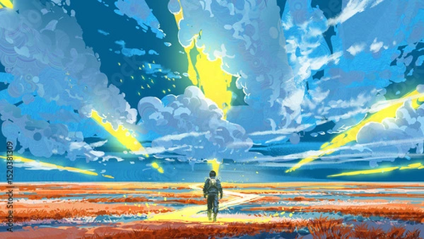 Fototapeta A solitary traveler in a futuristic suit walks across a wide open red field beneath dramatic glowing rifts in the sky and swirling clouds, digital art style, illustration painting