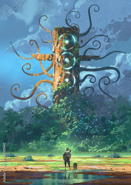 Fototapeta A traveler stands before a massive overgrown pillar with glowing rings and tentacle-like branches deep in an alien forest, digital art style, illustration painting