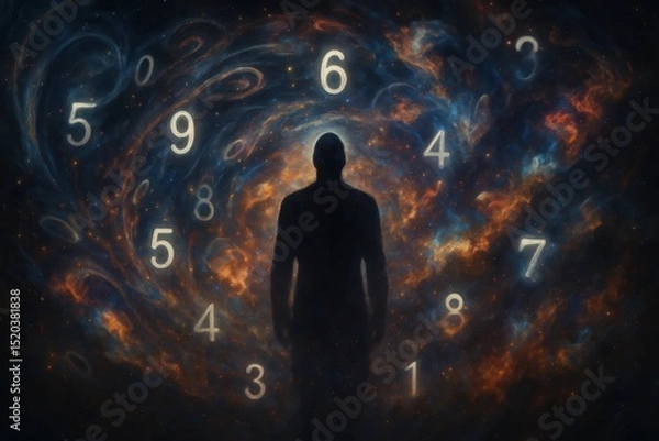Fototapeta Metaphysical Journey Time Traveler Silhouette Amidst Swirling Numbers and Astral Projections Numerology Concept Collage