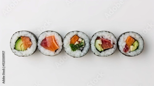 Obraz Five sushi rolls on a white background
