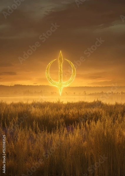 Fototapeta Mystical symbol floating above golden field at sunset evoking fantasy themes