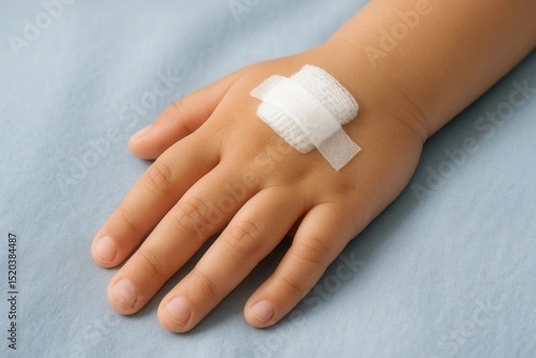 Fototapeta Intravenous cannula secured with plaster on child's hand resting on hospital bed